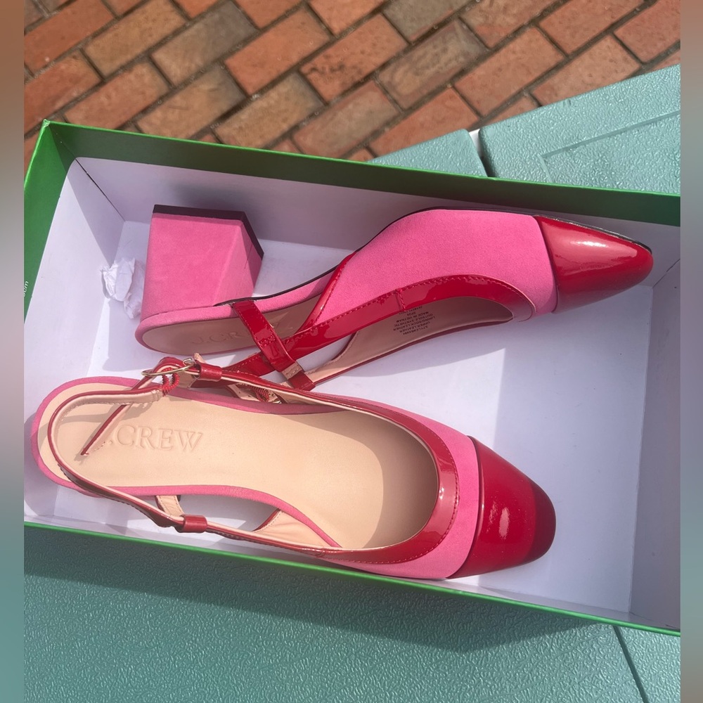 New. J. Crew Pink and Red Block Heel Slingbacks - Picture 4 of 8